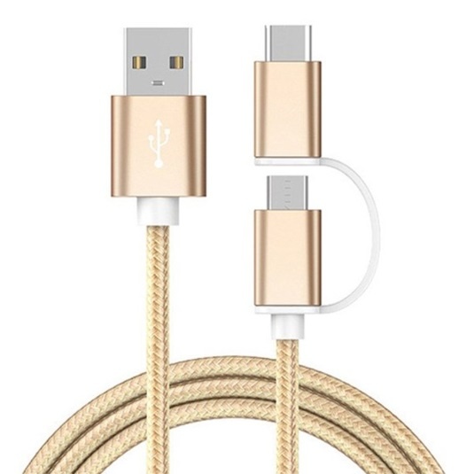 Cablu Textil 2in1 Microusb/USB Tip C Auriu